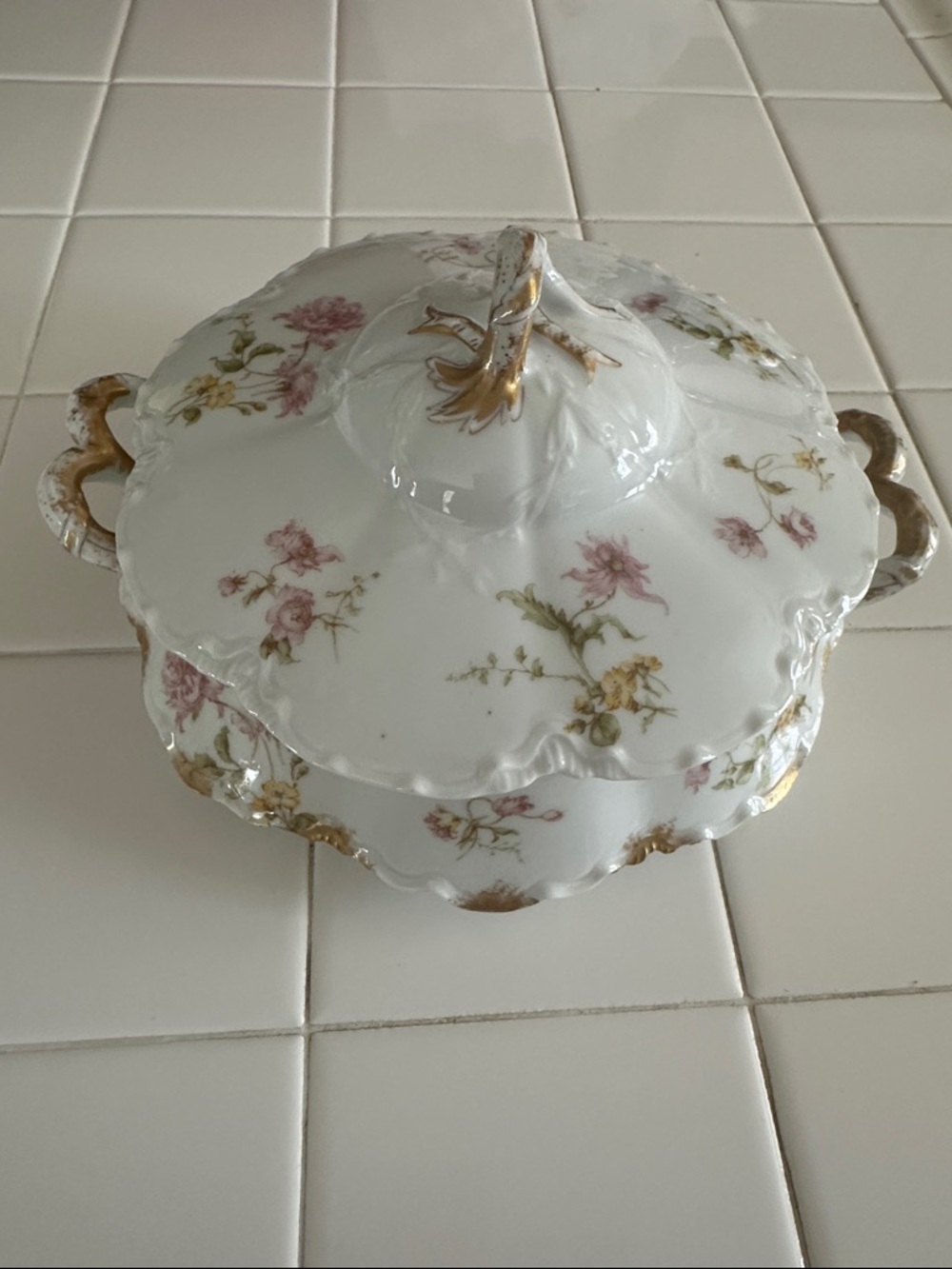 Haviland Porcelain Floral Covered Serving Dish - White with Pink & Gold Accents
